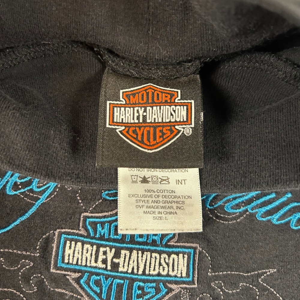 Harley Davidson Mock Neck Shirt Womens Large Black Teal Blue Long Sleeve Cotton - Picture 3 of 6